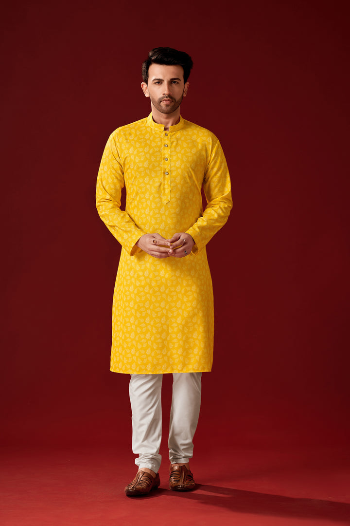 Yellow Designer Printed Kurta Pajama Set | Off-White Cotton Pajama