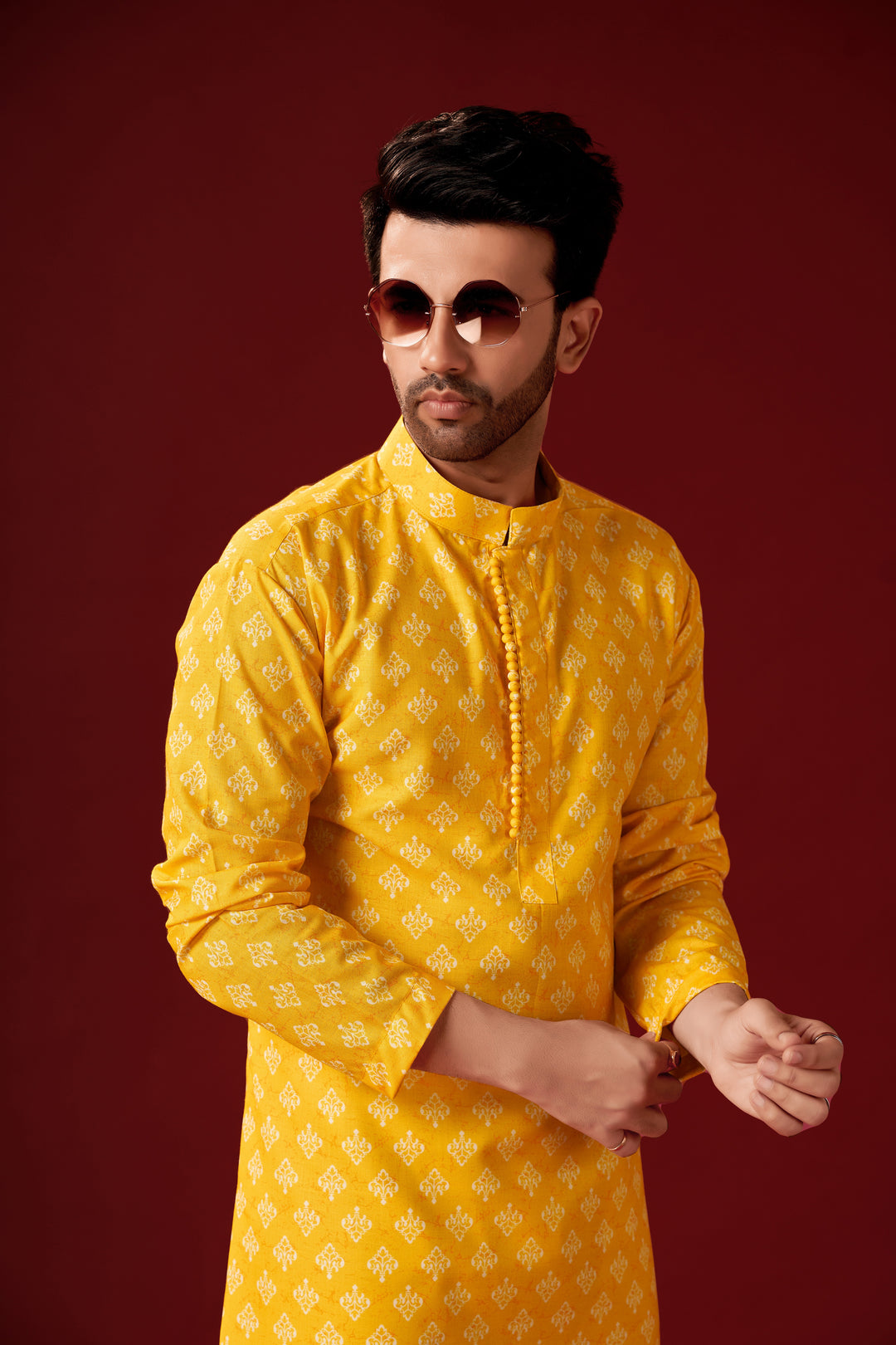 Designer Printed Yellow Kurta Pajama Set | Traditional Men’s Wear