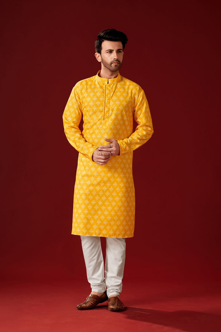 Designer Printed Yellow Kurta Pajama Set | Traditional Men’s Wear