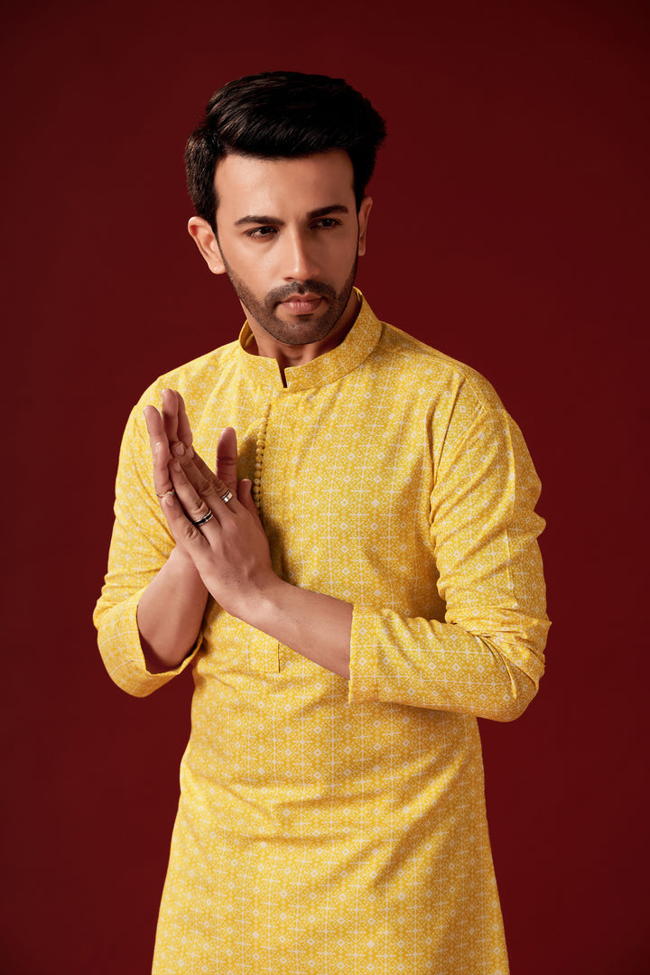 Men's Yellow Kurta Pajama Set | Traditional Embroidered Kurta Set