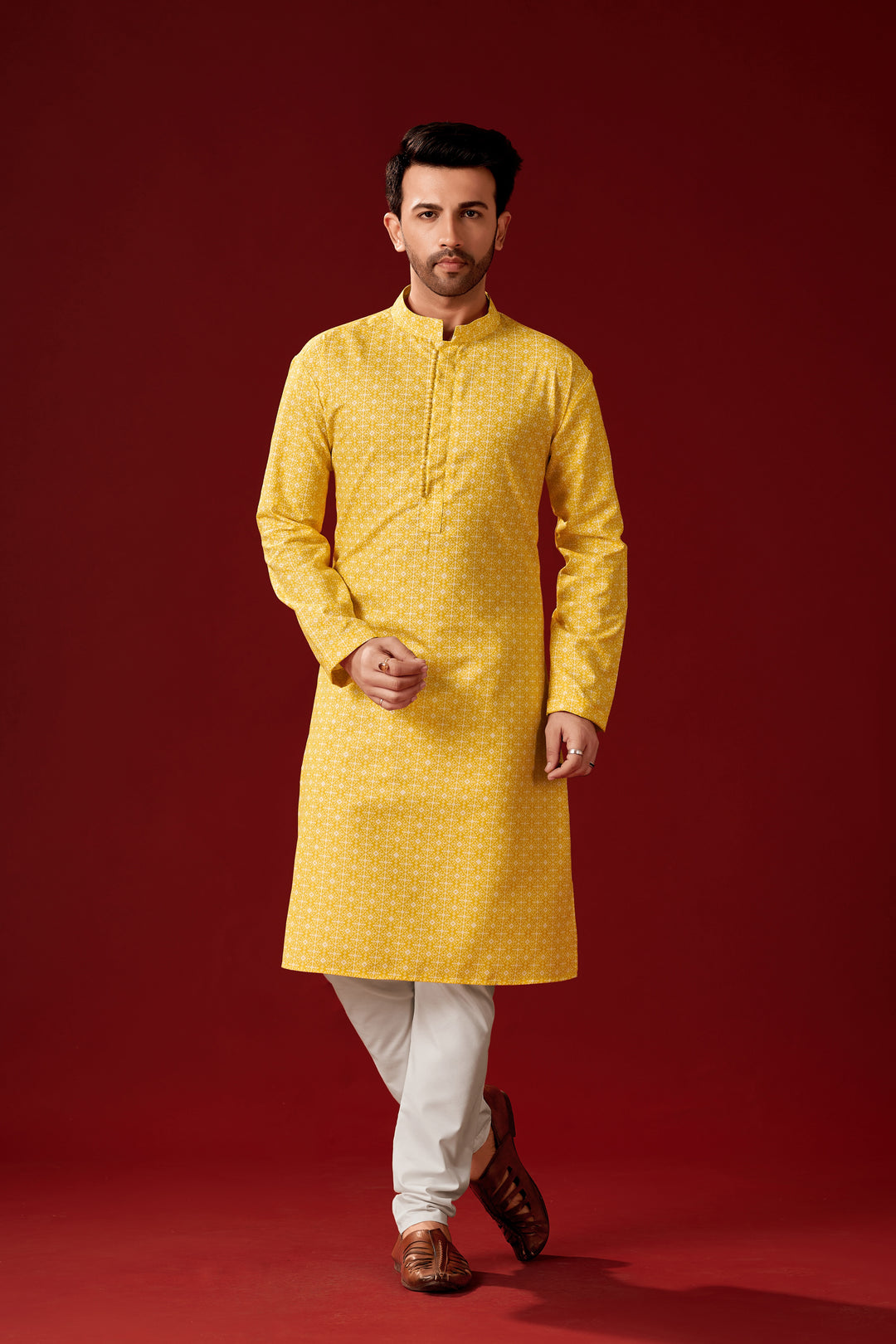 Men's Yellow Kurta Pajama Set | Traditional Embroidered Kurta Set