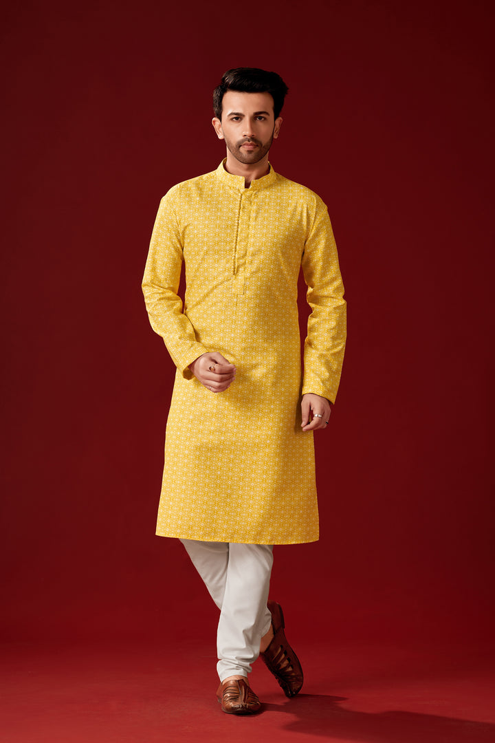 Men's Yellow Kurta Pajama Set | Traditional Embroidered Kurta Set