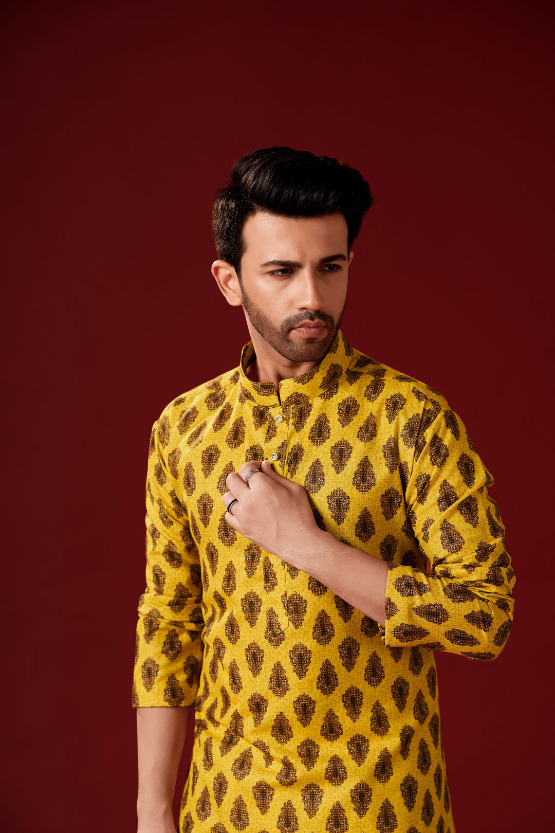 Stylish Yellow Kurta Pajama Set for Men | Cotton Designer Printed