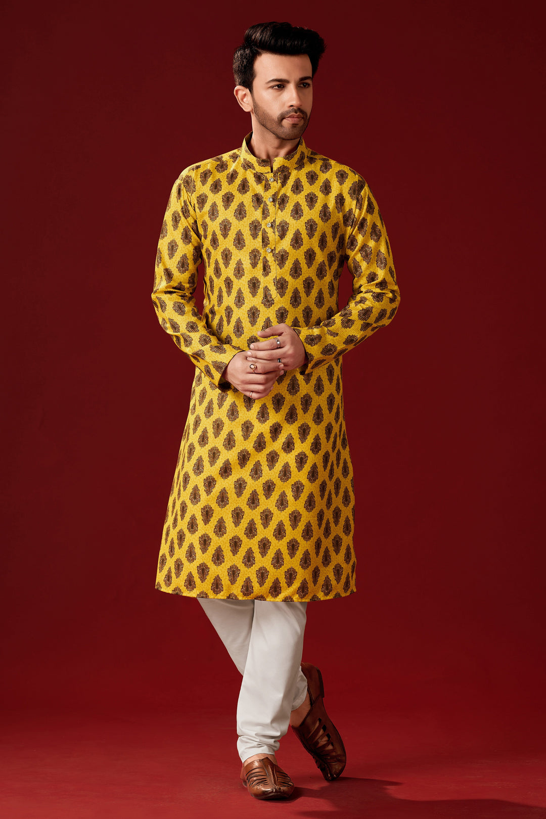 Stylish Yellow Kurta Pajama Set for Men | Cotton Designer Printed