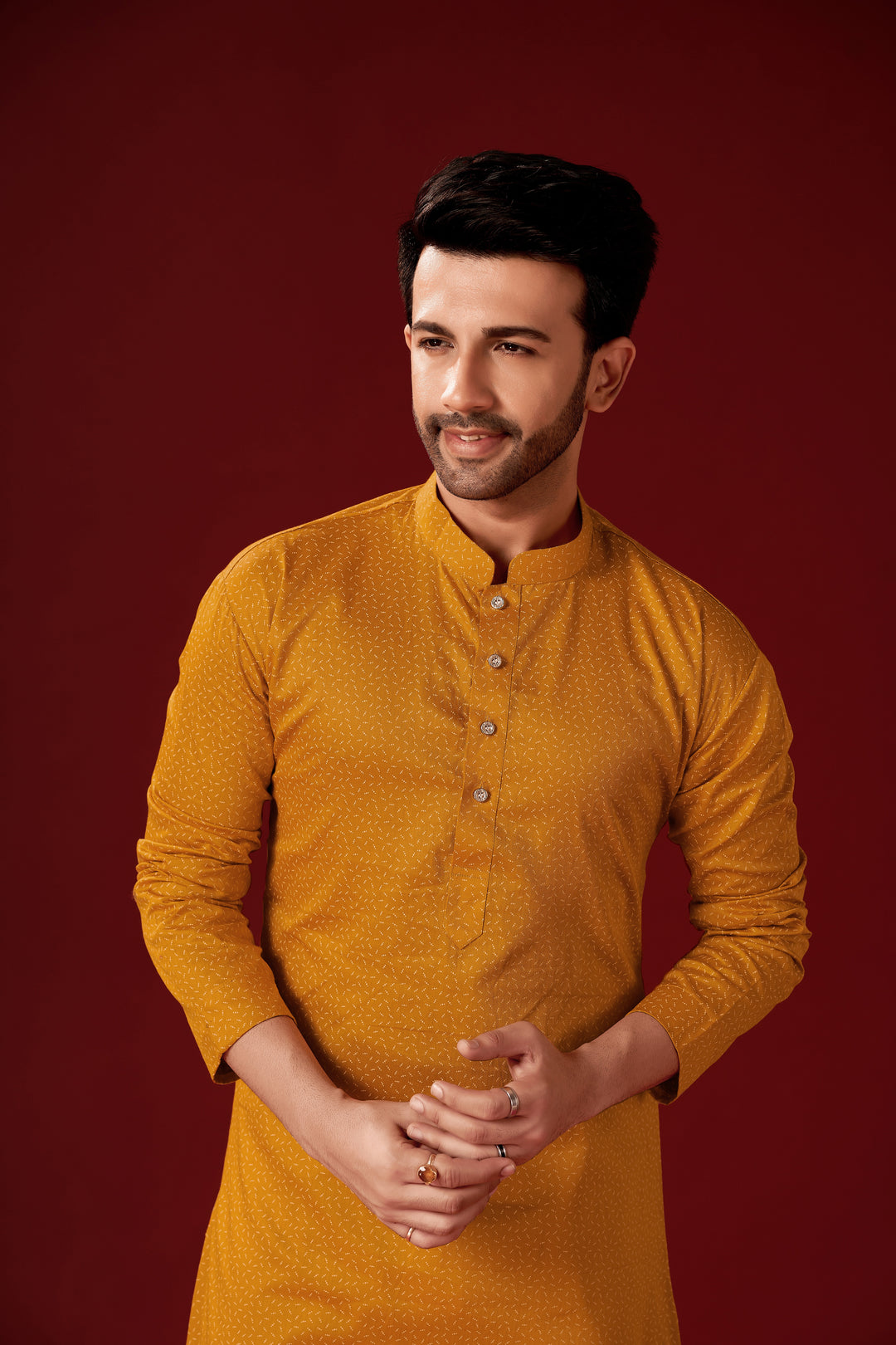 Mustard Yellow Cotton Kurta Pajama Set | Designer Printed for Men