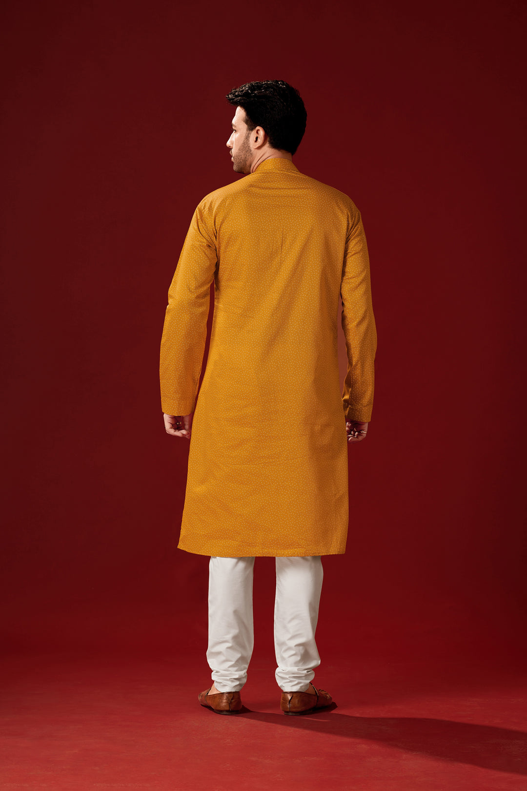 Mustard Yellow Cotton Kurta Pajama Set | Designer Printed for Men