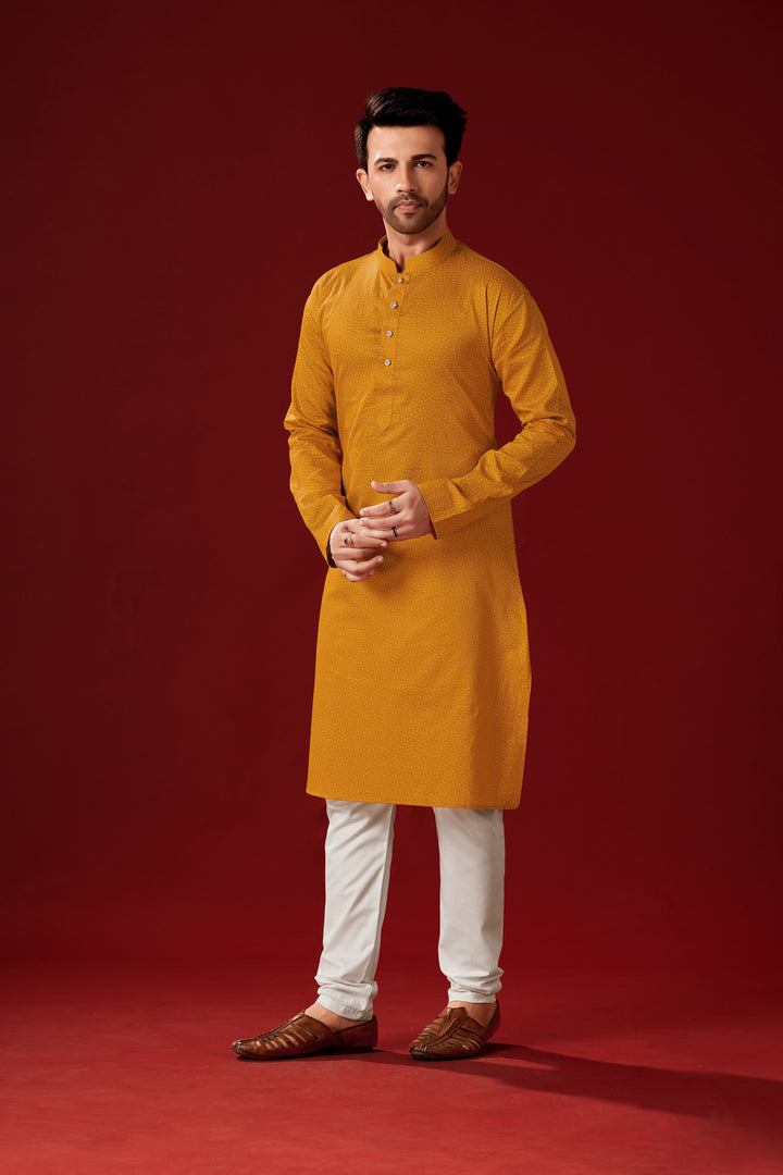 Mustard Yellow Cotton Kurta Pajama Set | Designer Printed for Men