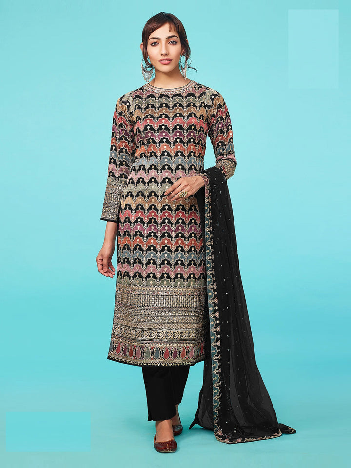 Designer Faux-Georgette Salwar Kameez | Three-Quarter Sleeve | Wedding Wear | Traditional Embroidery