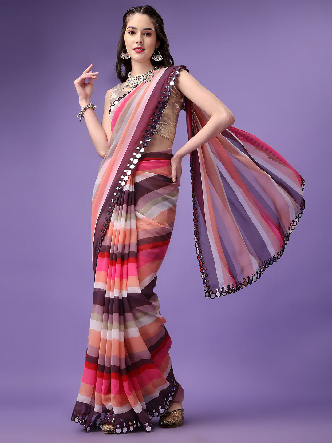 Lahriya-Printed Georgette Saree with Jari-Brocade Blouse | Special Event Elegance