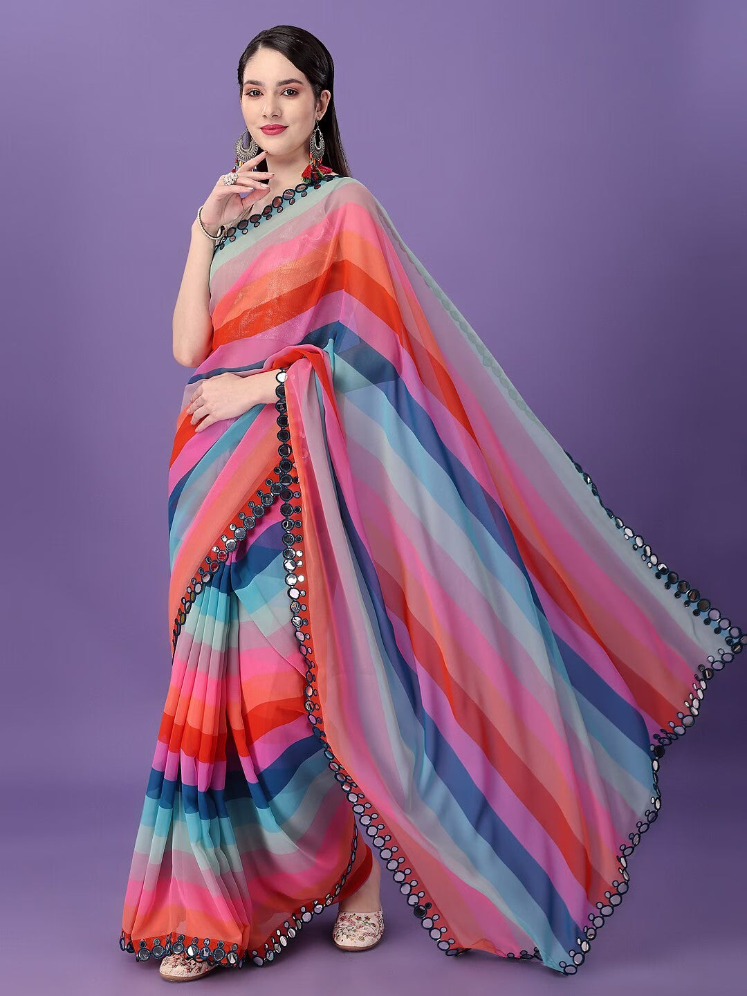 Lahriya-Printed Georgette Saree with Jari-Brocade Blouse | Festive Elegance