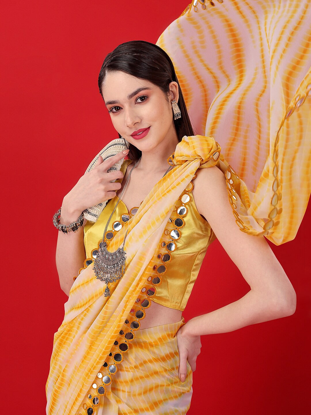 Elegant Georgette Saree | Sabori-Printed with Mirror-Lace Border for Events