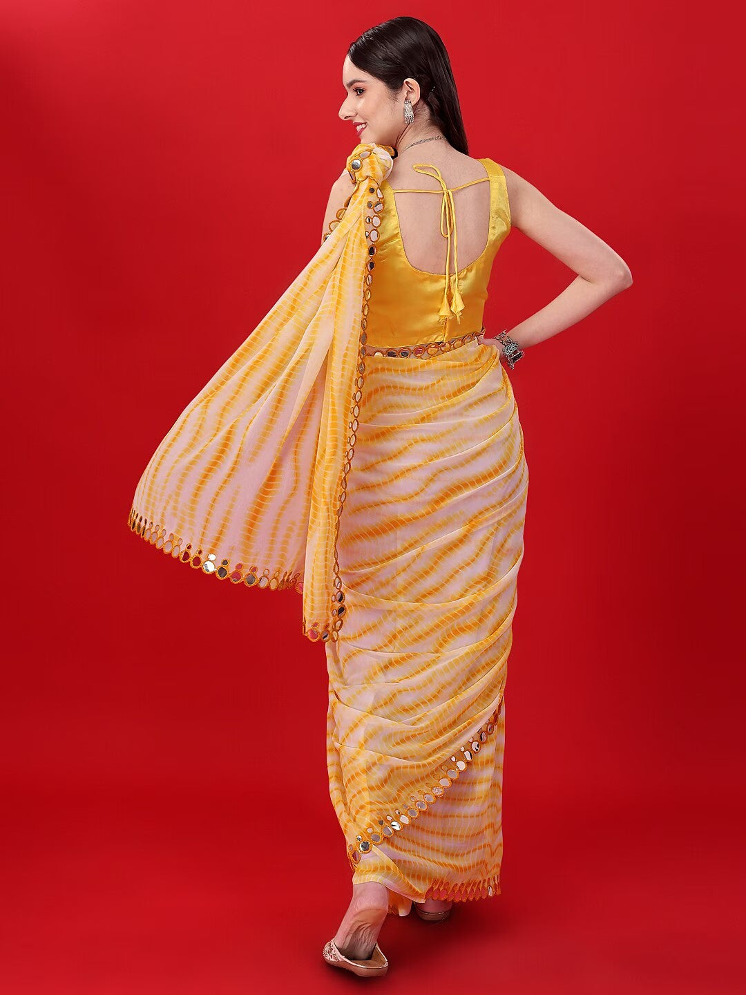 Elegant Georgette Saree | Sabori-Printed with Mirror-Lace Border for Events