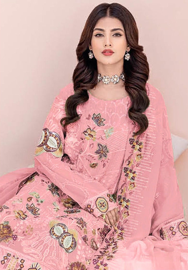 Salwar Kameez | Designer Floral Embroidery Work | Faux-Georgette & Santoon | Full Sleeve Round Neck