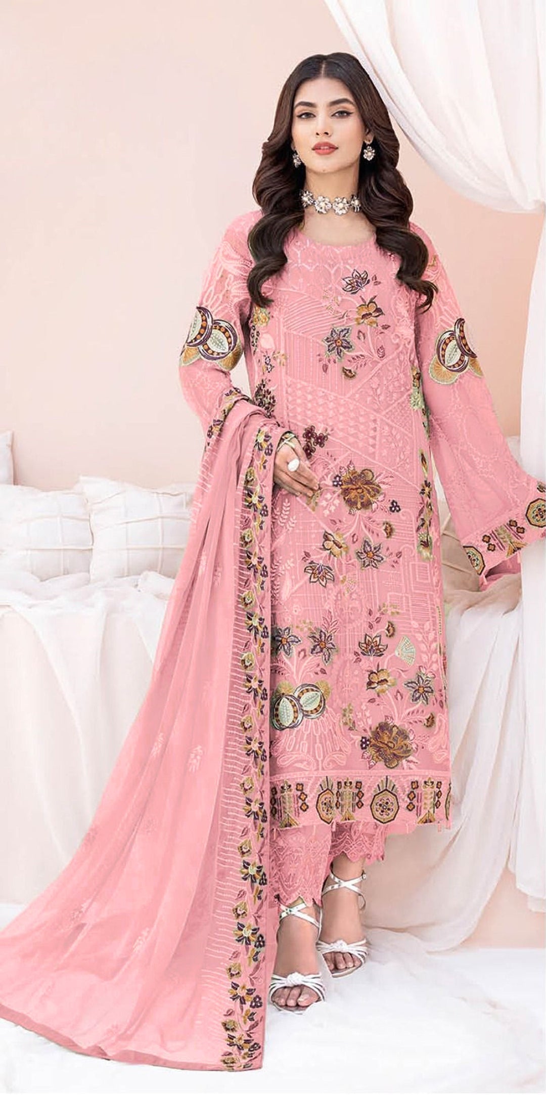 Salwar Kameez | Designer Floral Embroidery Work | Faux-Georgette & Santoon | Full Sleeve Round Neck