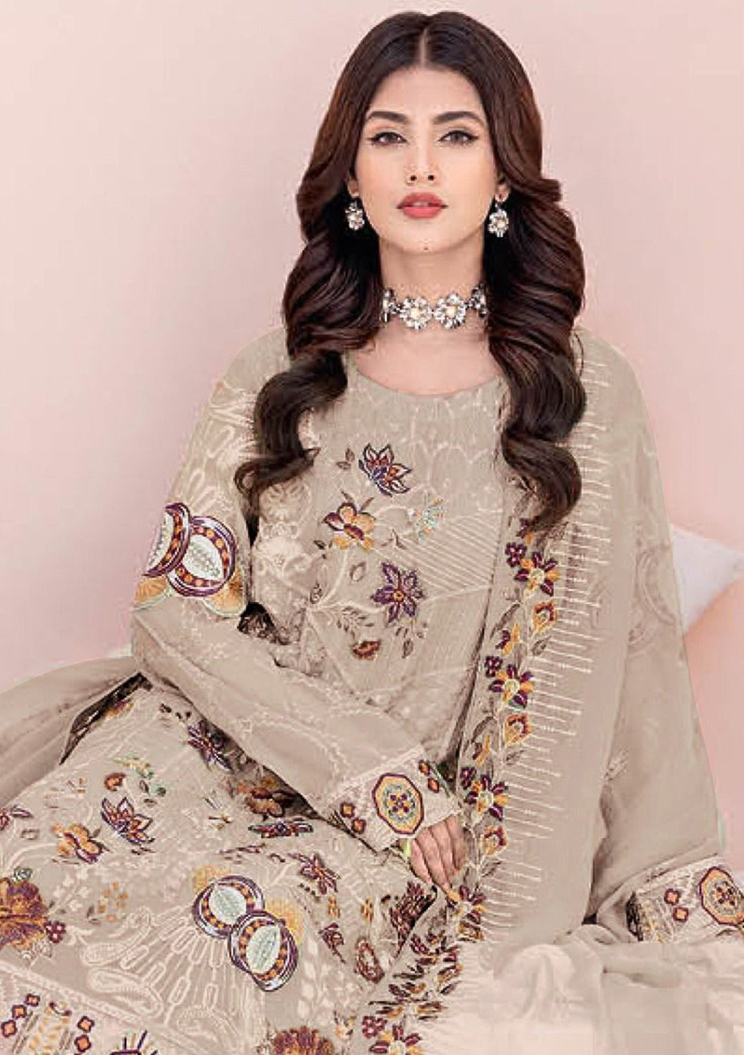 Salwar Kameez | Designer Floral Embroidery Work | Faux-Georgette & Santoon | Full Sleeve Round Neck