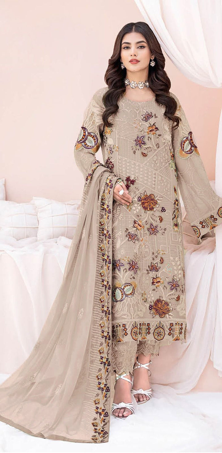 Salwar Kameez | Designer Floral Embroidery Work | Faux-Georgette & Santoon | Full Sleeve Round Neck