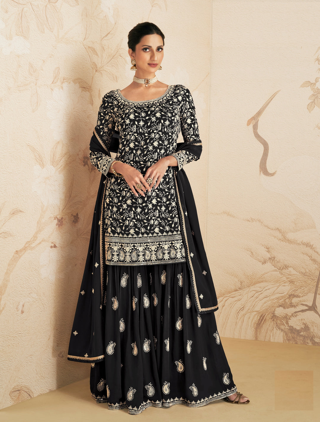 Designer Faux Georgette Palazzo Set | Embroidered Three-Quarter Sleeve | Traditional Wedding Party Wear | Elegant Ceremonial Outfit