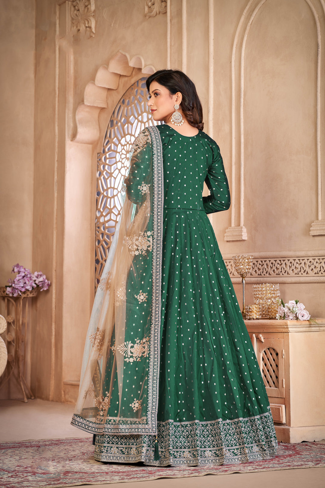 Designer Anarkali with Embroidery Work | Taffeta-Butti Top & Santoon Bottom | Traditional Wedding & Party Wear | Three-Quarter Sleeve & Round Neck