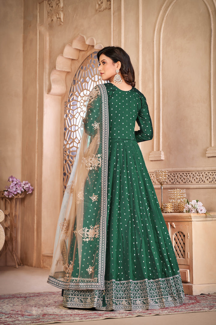 Designer Anarkali with Embroidery Work | Taffeta-Butti Top & Santoon Bottom | Traditional Wedding & Party Wear | Three-Quarter Sleeve & Round Neck