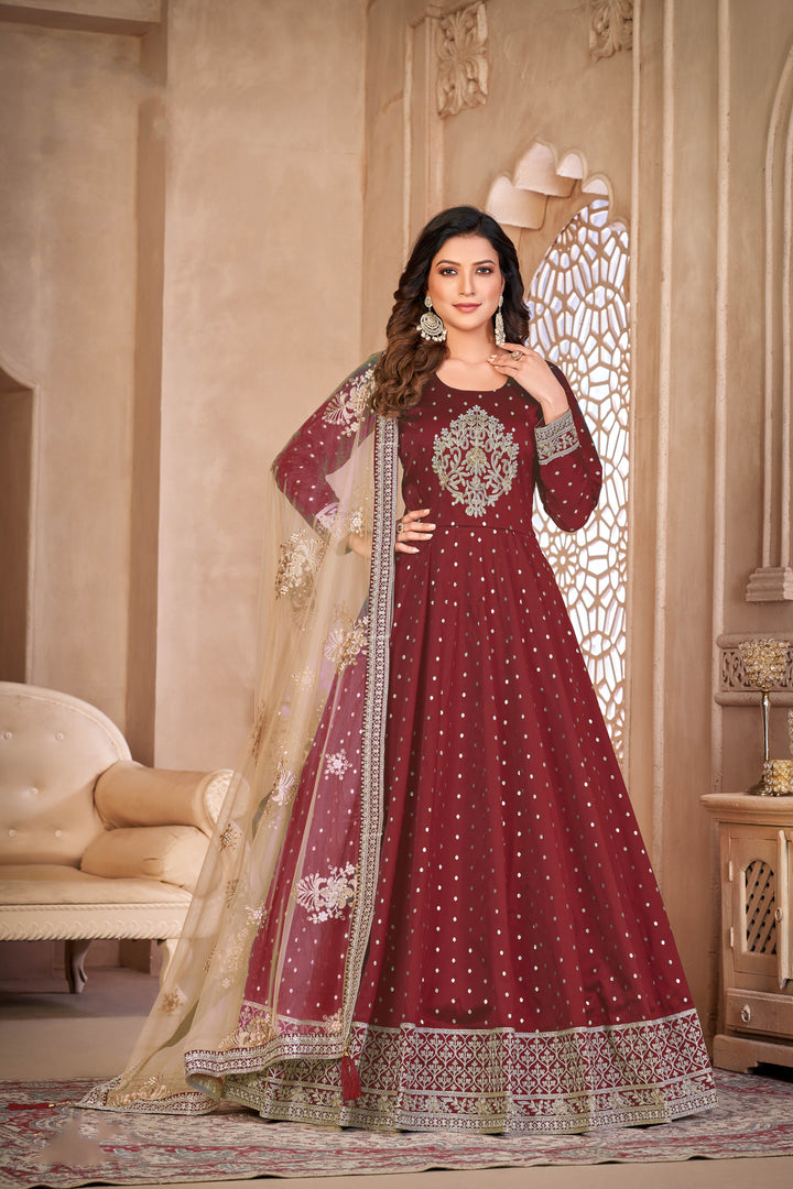 Designer Anarkali with Embroidery Work | Taffeta-Butti Top & Santoon Bottom | Traditional Wedding & Party Wear | Three-Quarter Sleeve & Round Neck