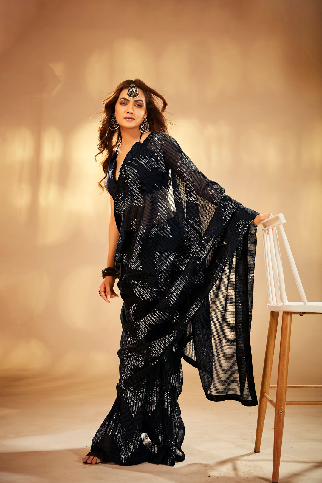 Georgette Saree with Heavy Sequence Embroidery | Art-Silk Blouse | Wedding, Party, Pooja