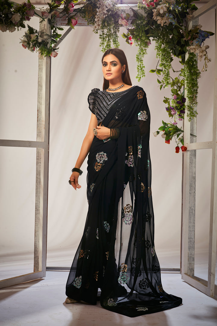 Elegant Georgette Saree with Heavy Sequin Embroidery | Art-Silk Blouse for Weddings, Parties, Pooja, Ceremonial Occasions