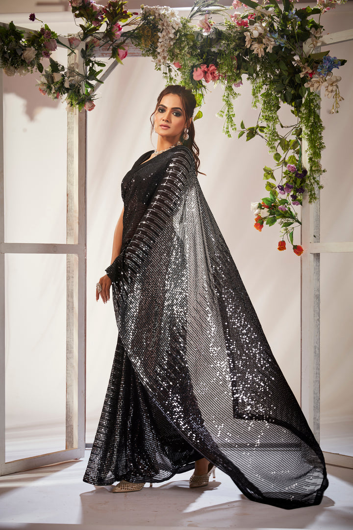 Georgette Saree with Heavy Sequins Embroidery | Art-Silk Blouse | Wedding & Party