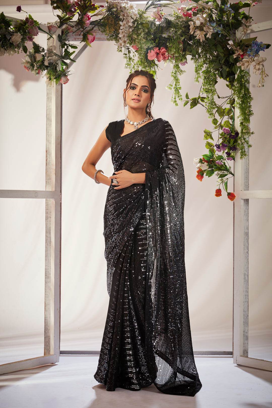 Georgette Saree with Heavy Sequins Embroidery | Art-Silk Blouse | Wedding & Party