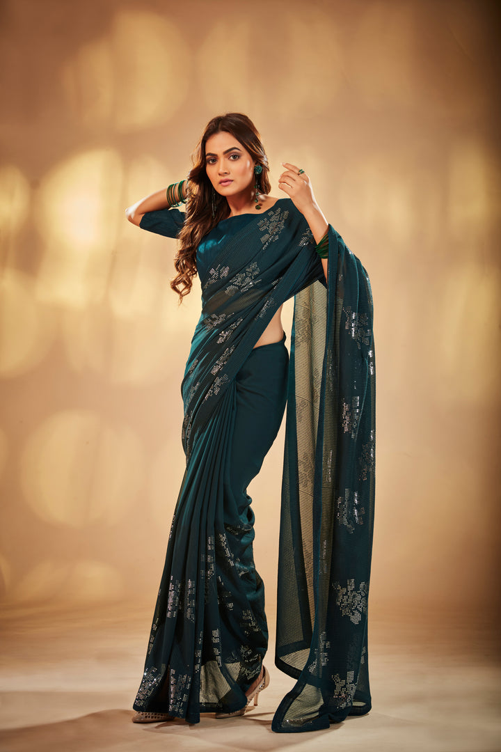 Georgette Saree with Heavy Sequin Embroidery | Art-Silk Blouse | Wedding Party