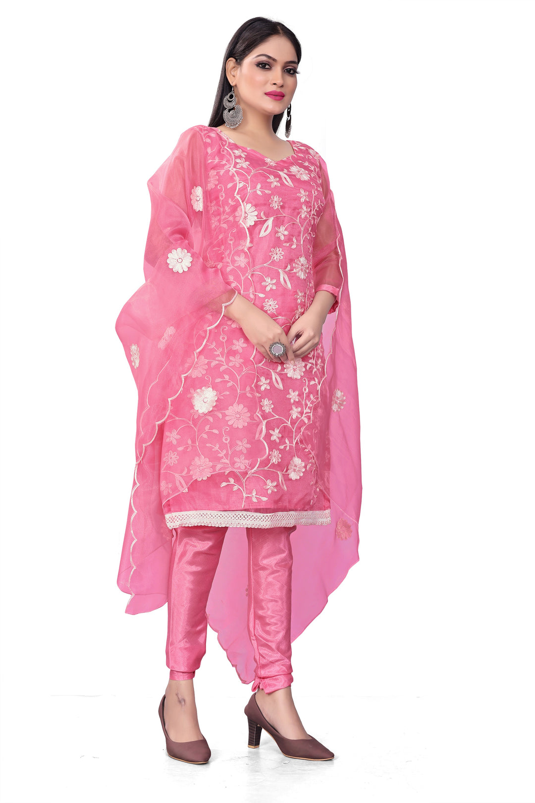 Floral-Printed Organza Salwar Kameez | Traditional Wedding Top | Embroidery Work | Three-Quarter Sleeve