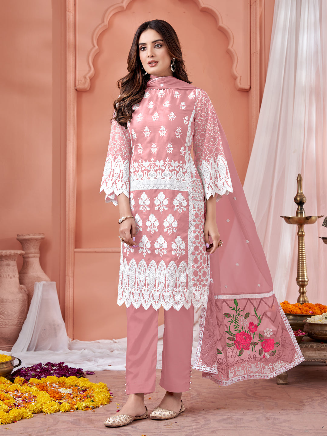 Salwar Kameez | Heavy Designer Embroidery | Organza Top & Santoon Bottom | Traditional Wedding Party Wear | Three-Quarter Sleeve | Round Neck