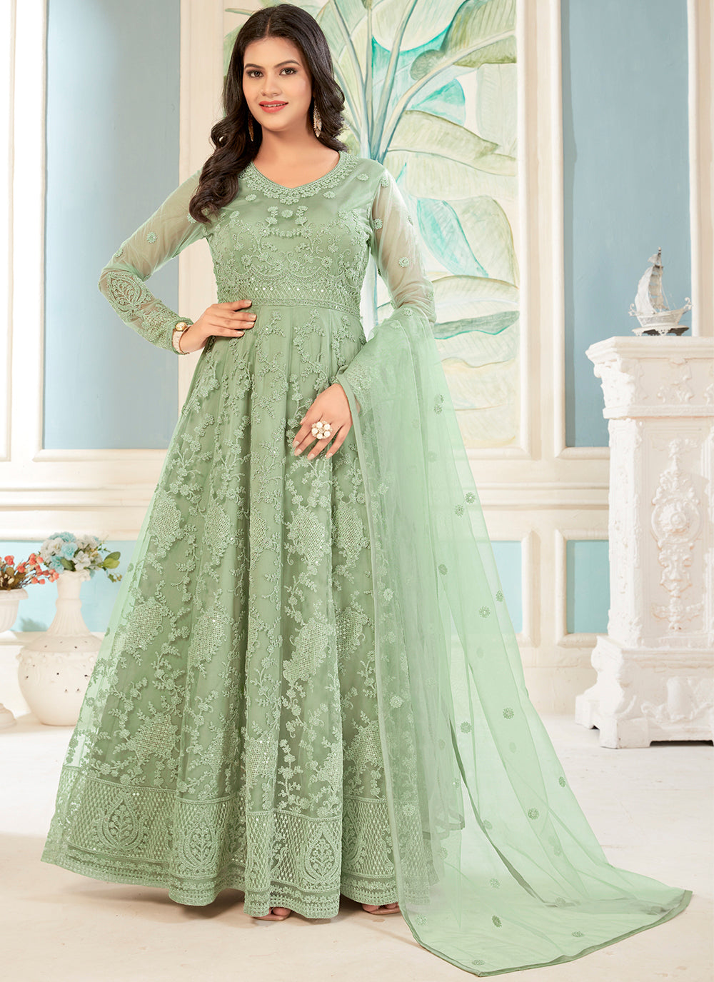 Designer Sequance Embroidery Anarkali | Full-Sleeve Round Neck | Wedding Party Outfit