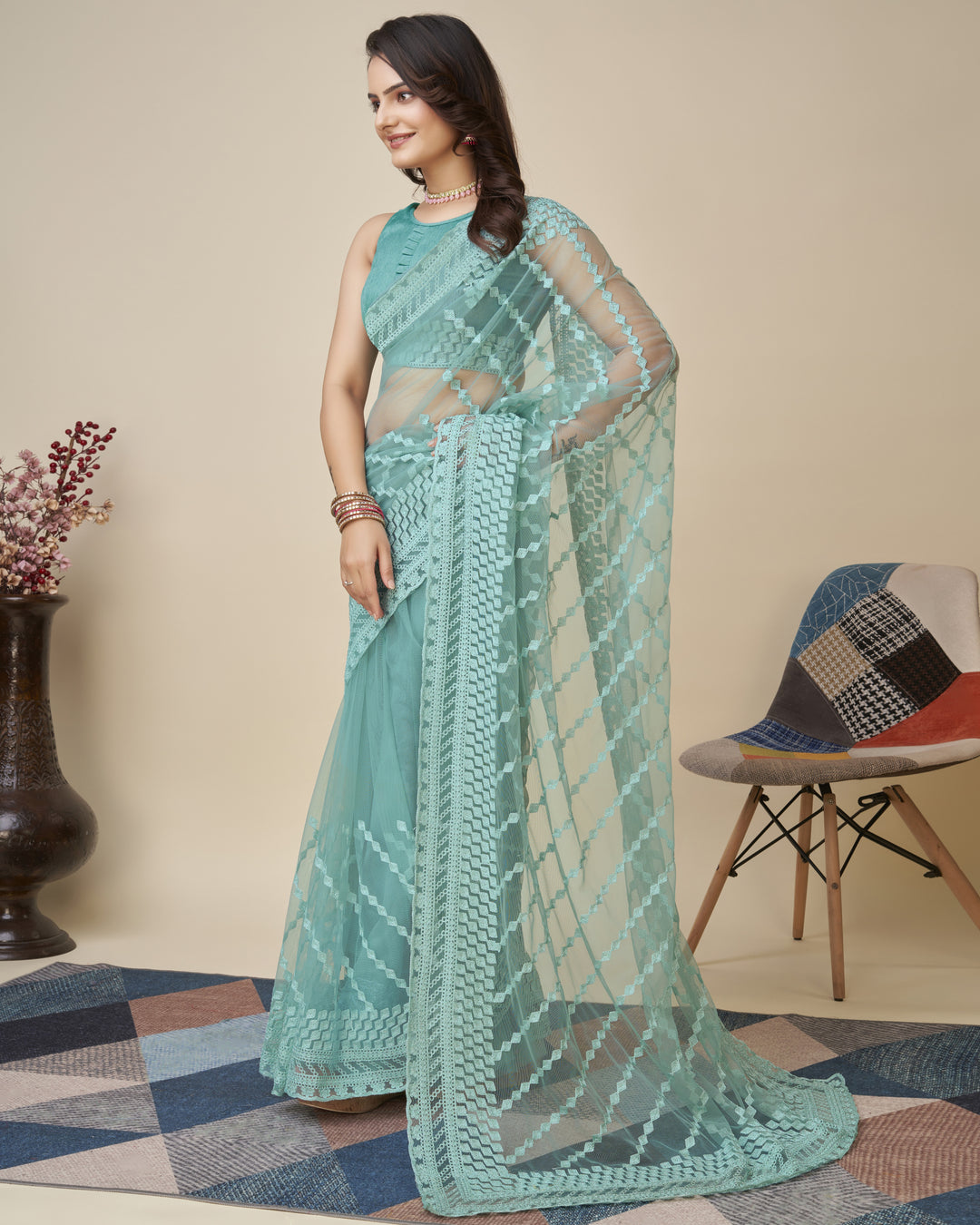 Soft-Net Saree with Chikankari Embroidery | Traditional Wedding & Party Wear