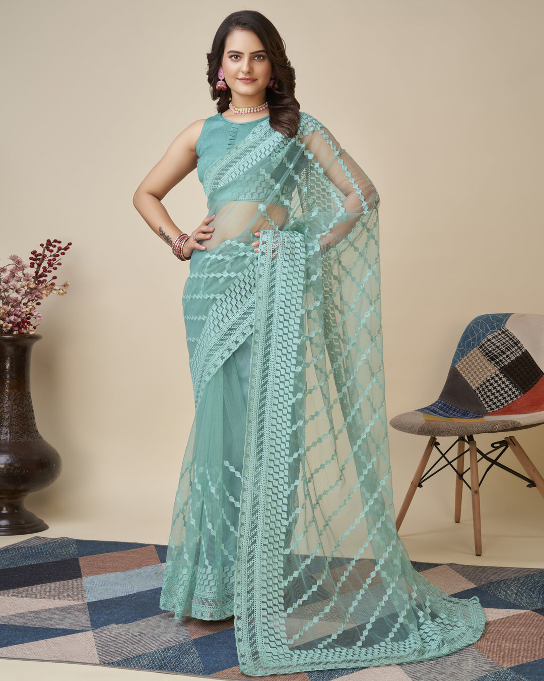 Soft-Net Saree with Chikankari Embroidery | Traditional Wedding & Party Wear