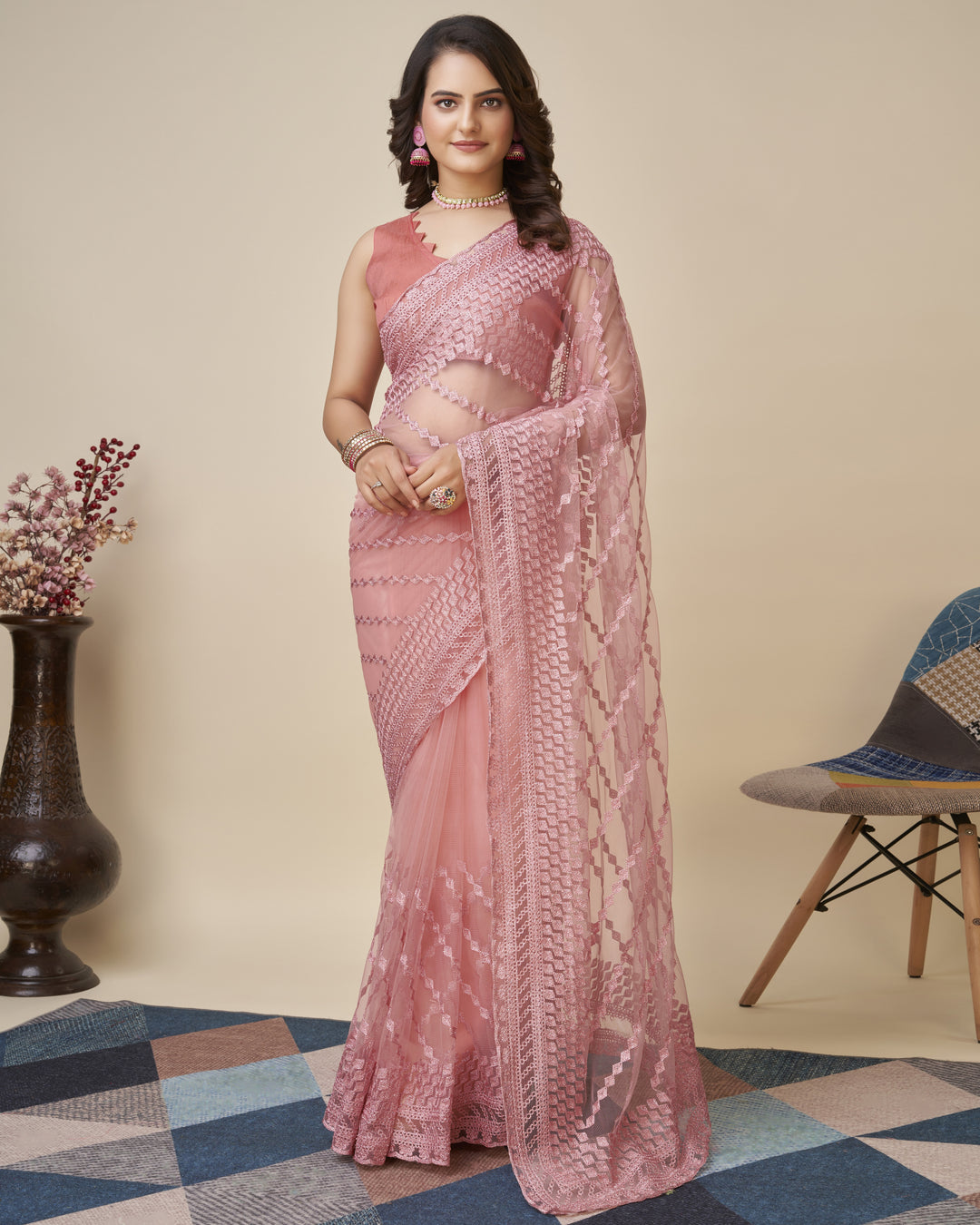 Soft-Net Saree with Chikankari Embroidery | Traditional Wedding & Party Wear