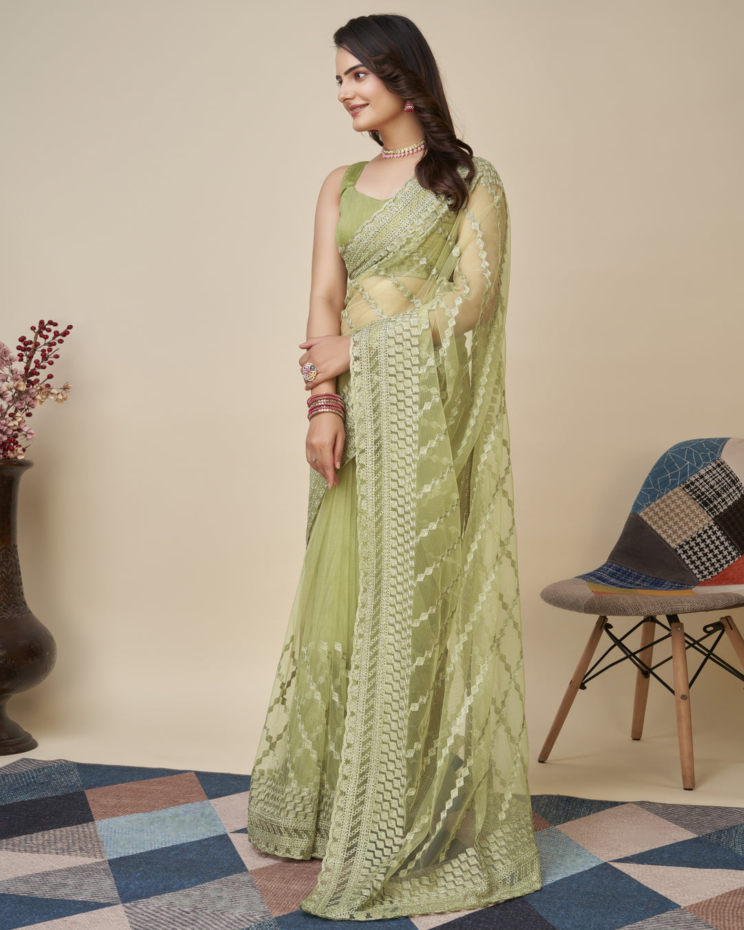 Soft-Net Saree with Chikankari Embroidery | Traditional Wedding & Party Wear