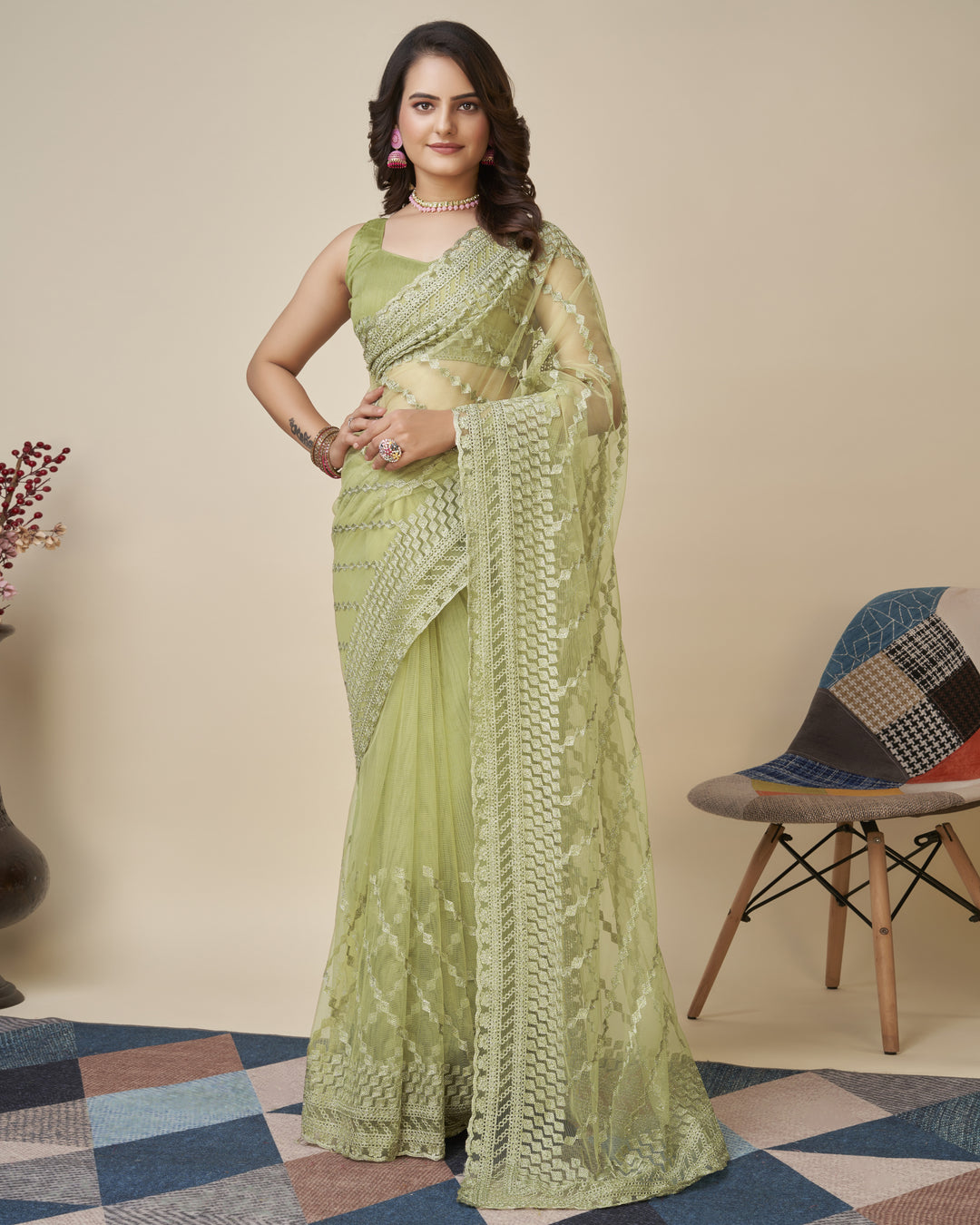 Soft-Net Saree with Chikankari Embroidery | Traditional Wedding & Party Wear