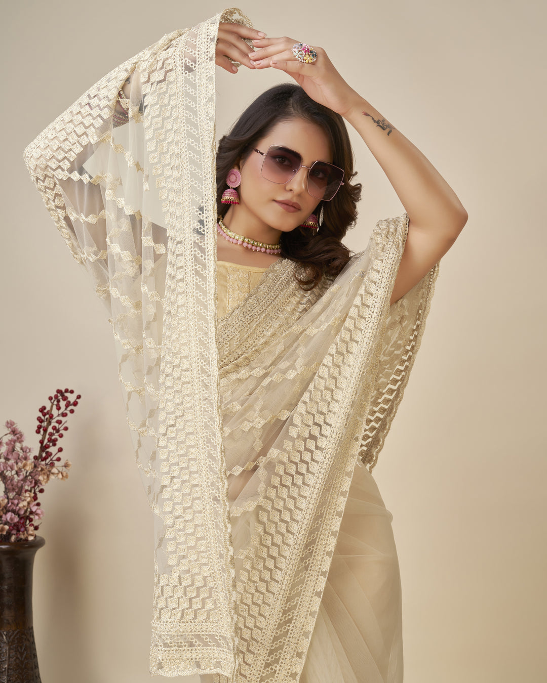 Soft-Net Saree with Chikankari Embroidery | Traditional Wedding & Party Wear