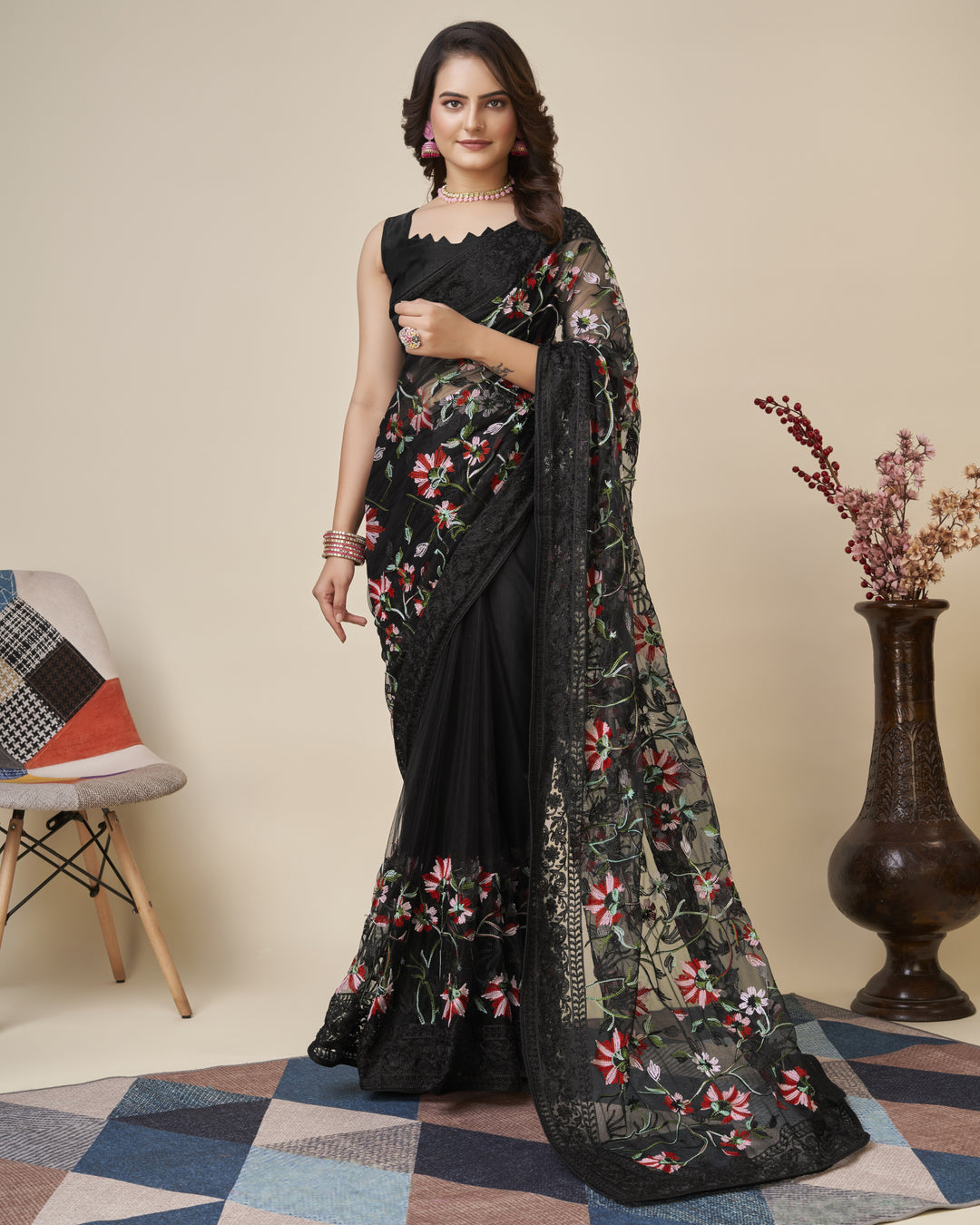 Soft-Net Saree with Mono-Banglori Blouse | Thread-Chikankari Embroidery | Traditional Wedding Party Wear