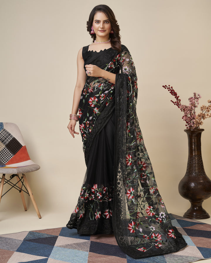 Soft-Net Saree with Mono-Banglori Blouse | Thread-Chikankari Embroidery | Traditional Wedding Party Wear