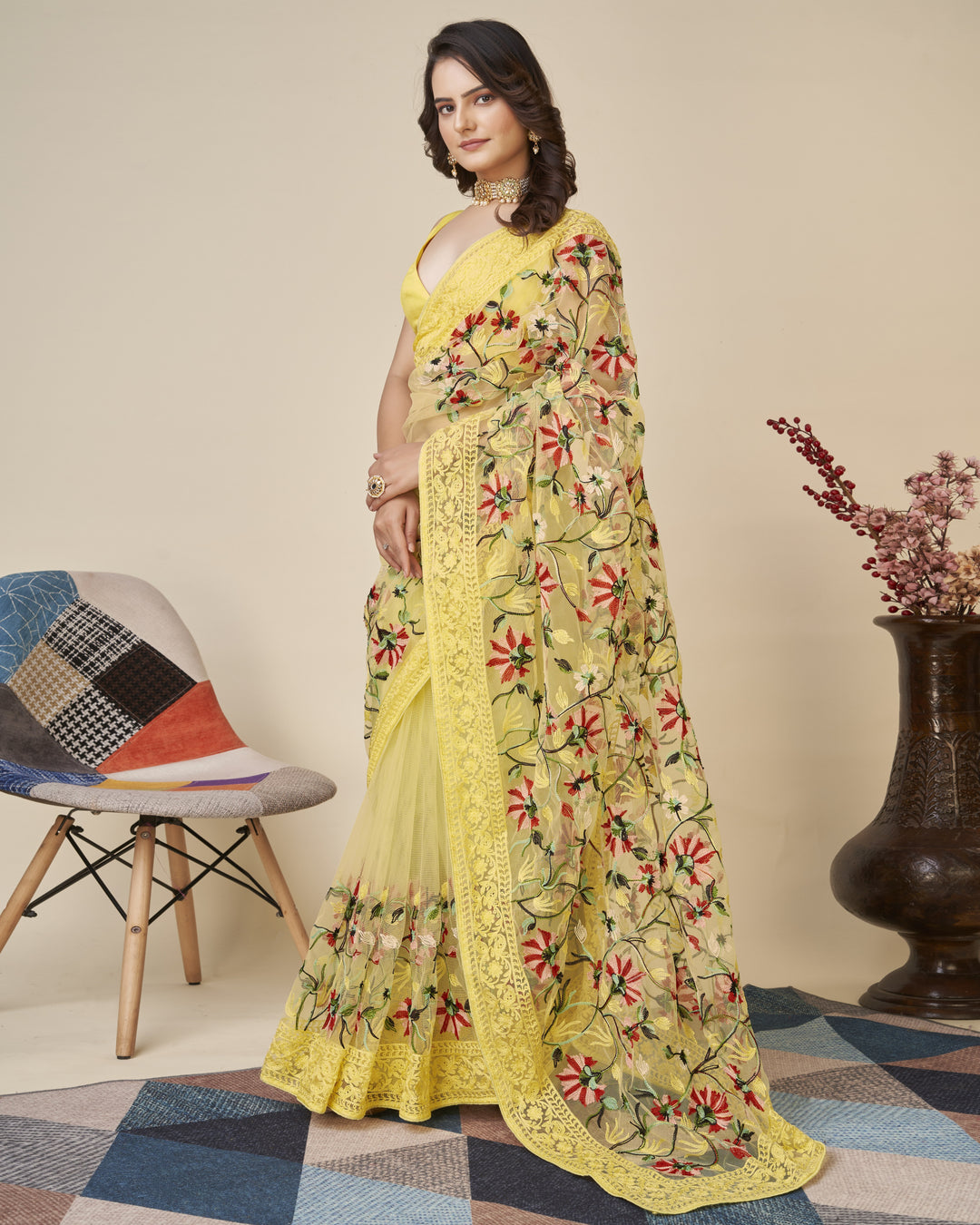 Soft-Net Saree with Mono-Banglori Blouse | Thread-Chikankari Embroidery | Traditional Wedding Party Wear