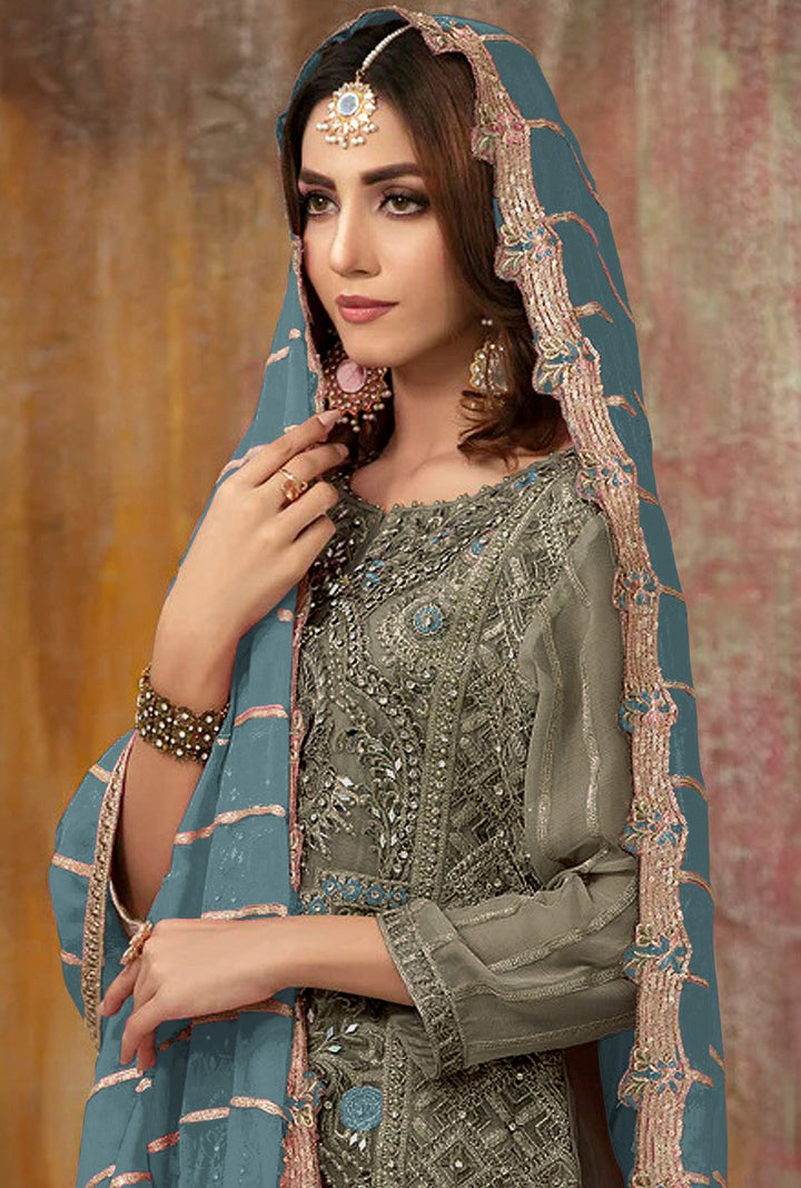 Faux-Georgette Salwar Kameez | Sequance-Embroidery | Three-Quarter Sleeve | Traditional Wedding Party Outfit