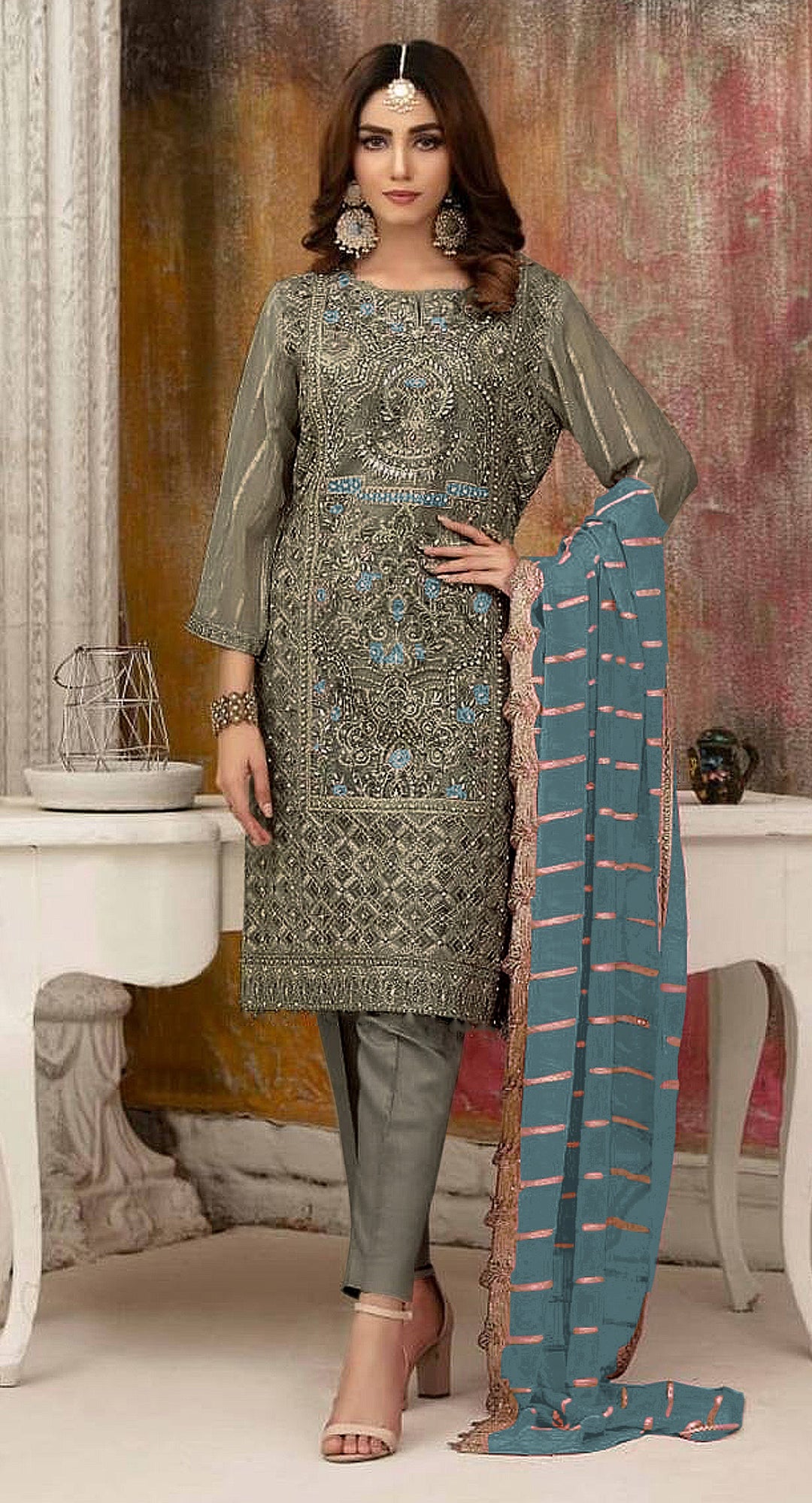 Faux-Georgette Salwar Kameez | Sequance-Embroidery | Three-Quarter Sleeve | Traditional Wedding Party Outfit