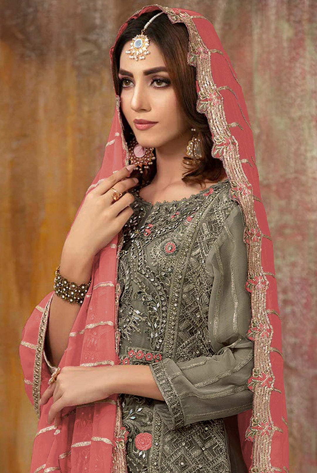 Faux-Georgette Salwar Kameez | Sequance-Embroidery | Three-Quarter Sleeve | Traditional Wedding Attire