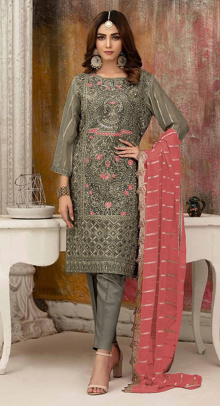 Faux-Georgette Salwar Kameez | Sequance-Embroidery | Three-Quarter Sleeve | Traditional Wedding Attire