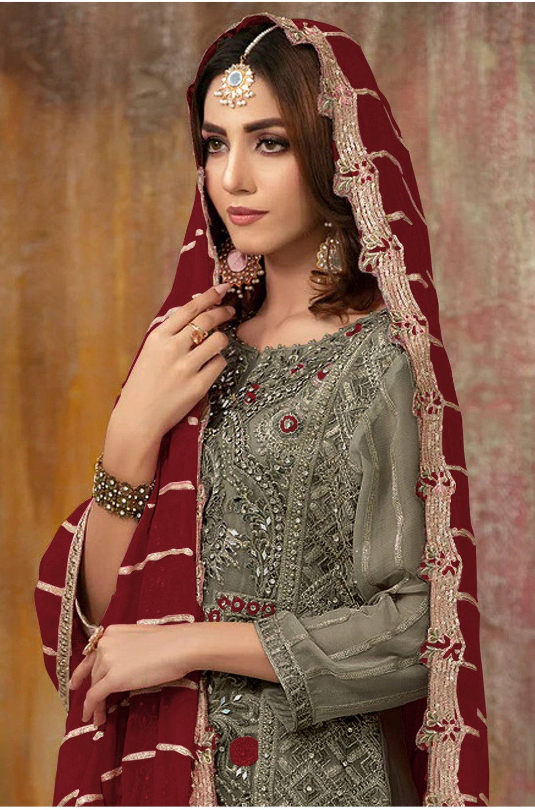 Faux-Georgette Salwar Kameez | Sequance-Embroidery | Three-Quarter Sleeve | Traditional Wedding Party Outfits