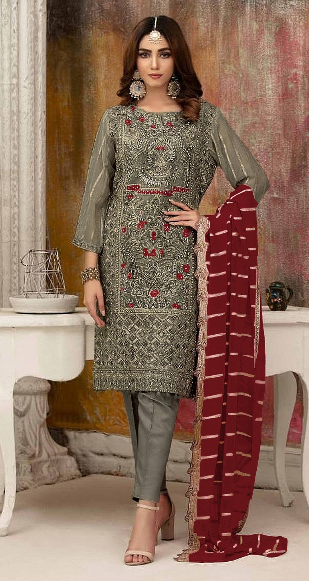 Faux-Georgette Salwar Kameez | Sequance-Embroidery | Three-Quarter Sleeve | Traditional Wedding Party Outfits