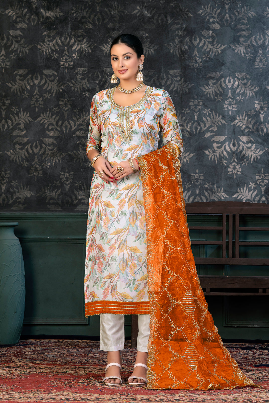 Elegant Organza Kurtis Set with Hand-Work | Three-Quarter Sleeve Party Wear