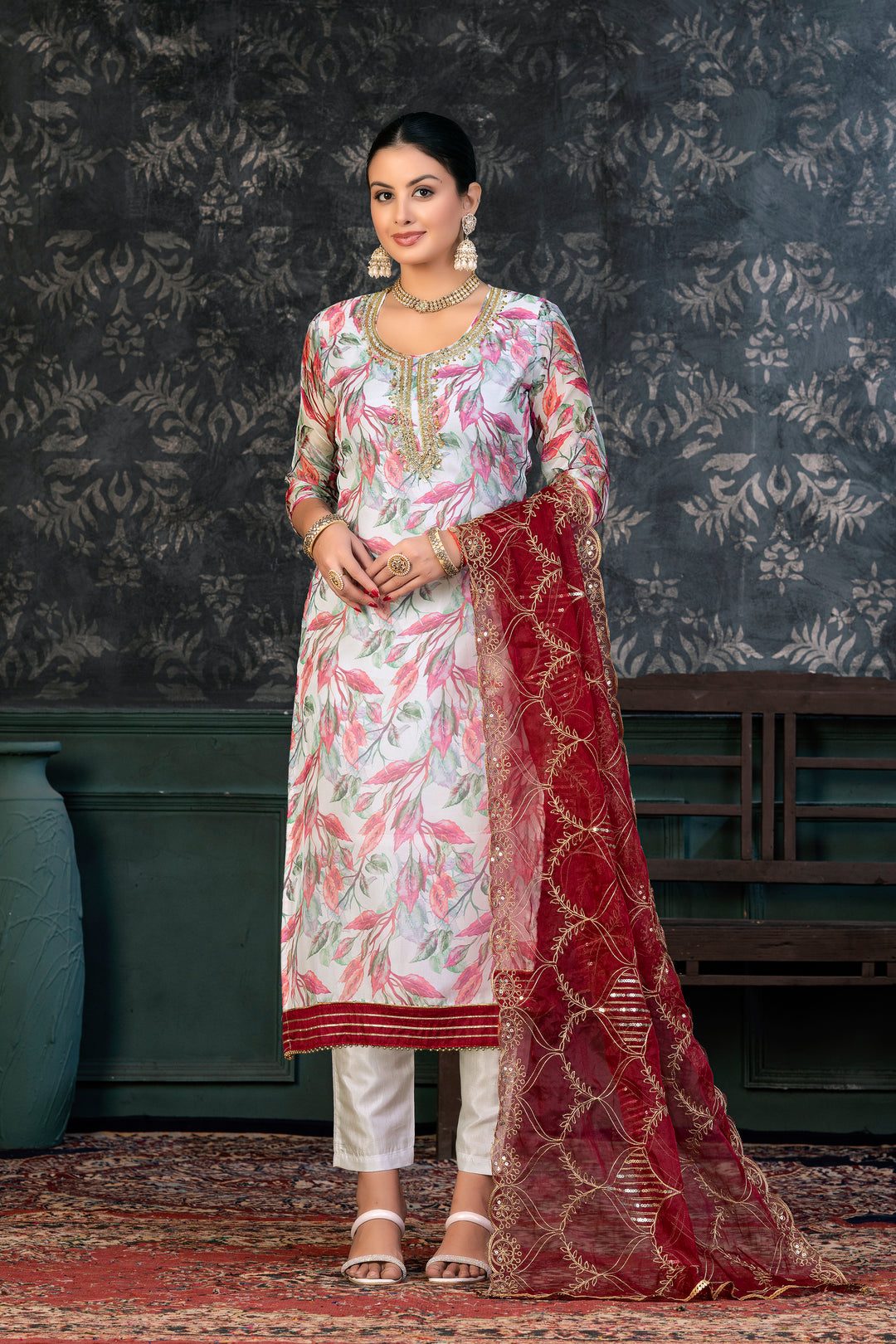 Elegant Organza Kurtis Set with Hand-Work | Three-Quarter Sleeve Party Wear