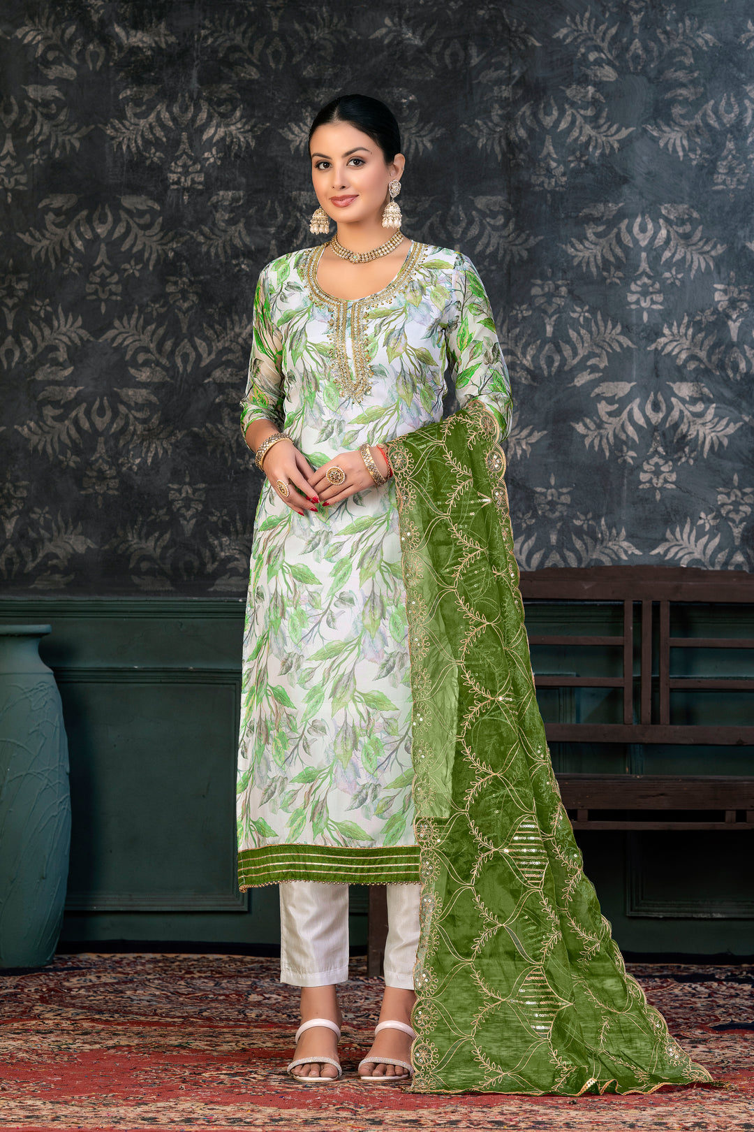 Elegant Organza Kurtis Set with Hand-Work | Three-Quarter Sleeve Party Wear